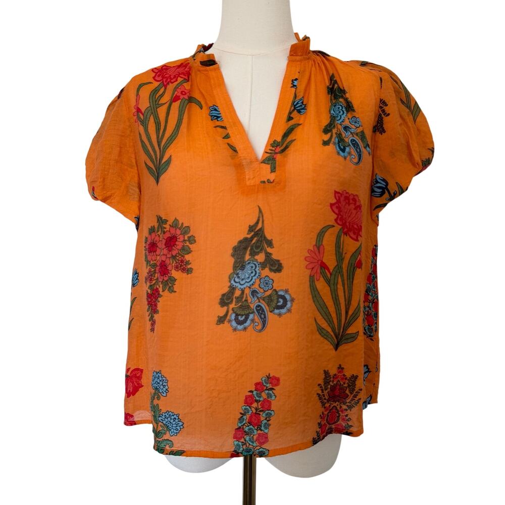 THML (S) Orange Floral Paisley Puff Sleeve Blouse Boho Peasant Top Resort